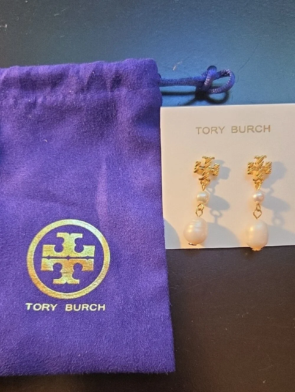 Tory Burch Gold Logo and White Pearl Drop Earrings W/ Bag